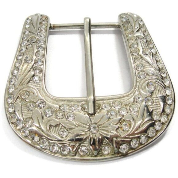 Classic Belt Buckle Vintage Rhinestone Silver Tone Western Scroll Cowgirl Bling - Picture 2 of 6